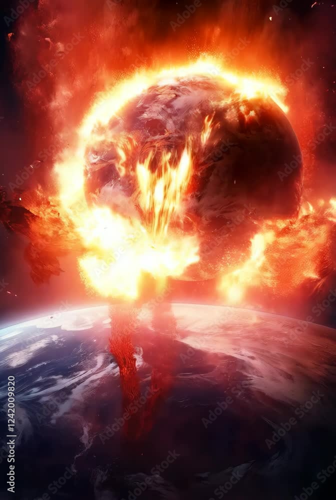 Poster apocalyptic space scene with planetary collision and cosmic explosion. dramatic visualization for ea