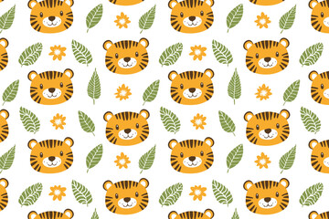 Obraz premium Cute tiger seamless pattern background illustration
