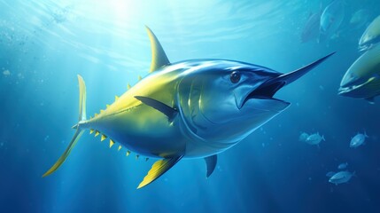 Obraz premium A stunning portrait of a yellowfin tuna gliding gracefully through the clear blue ocean, showcasing its vibrant beauty.