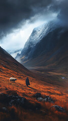 Fototapeta premium Shepherd grazing sheep open grassland mountain valley blue sky clouds scenic rural pastoral nature lush green hills golden meadow serenity farm animal life,vast,wide,peak,warm,kid,book,wall,art,zen