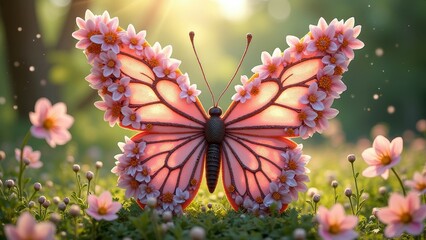 Pink floral butterfly with sunlit wings in spring garden