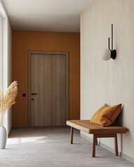 Minimalist Interior Design: Cozy Hallway With Wooden Bench And Elegant Wall Sconce, Warm Neutral Tones In Contemporary Style