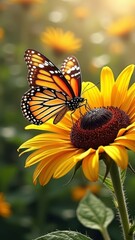 Monarch butterfly on sunflower in vibrant garden setting