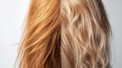 Naklejka premium Comparison of damaged dull hair versus shiny healthy hair strands showing the difference in texture and appearance. Generative AI
