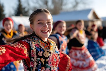 Joyful dancers in vibrant traditional outfits perform in a snowy outdoor setting, embodying the...