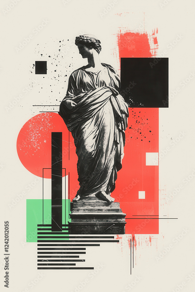 Poster abstract geometric art with classical statue: exploring modern interpretations in culture and religi