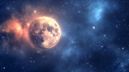 A stunning depiction of a luminous moon against a backdrop of stars and cosmic clouds.