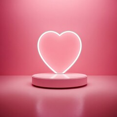 Romantic scene with minimalistic podium in pink room with white neon glowing heart. Square 3D banner of a scene with geometrical forms for cosmetic product display for Valentine's Day or Wedding