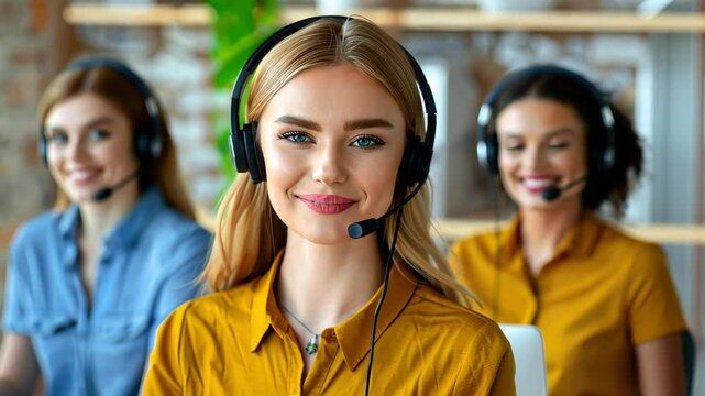 A cheerful young woman with headphones serves customers, showcasing her friendly demeanor in a bustling call center.