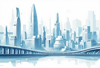 Fototapeta premium Muted Blue Tone Cityscape with Geometric Shapes and Abstract Background