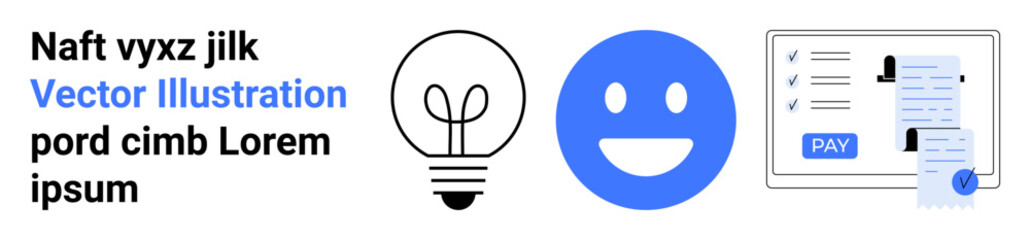 Lightbulb for creativity, smiling face for positive emotions, and digital form with a payment symbol. Ideal for innovation, happiness, finances, productivity, commerce, online systems abstract line