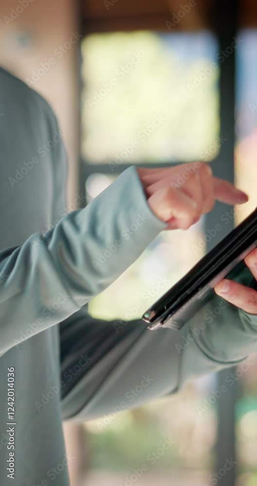 Poster closeup, person and fitness with tablet for typing, connection and social media for video tips. boke