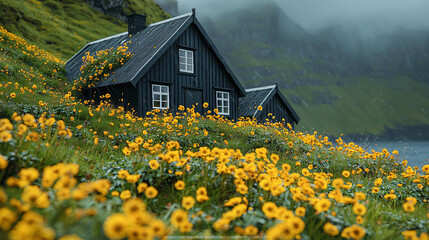 Obraz premium A mood board of landscape photography images featuring black dome houses in the Faroe Islands with yellow flowers, a misty island and green grassland, sea view, sky view, ultra-realistic, cinematic.