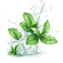 Fresh mint leaves splashing in water, clean background, for ads