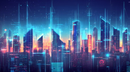 Obraz premium A dynamic and futuristic city skyline with tall skyscrapers and advanced technology visible in the foreground. Futuristic Cities. Illustration