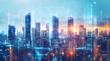 Fototapeta premium A dynamic and futuristic city skyline with tall skyscrapers and advanced technology visible in the foreground. Futuristic Cities. Illustration