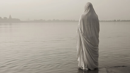 A Woman in White Facing the Water