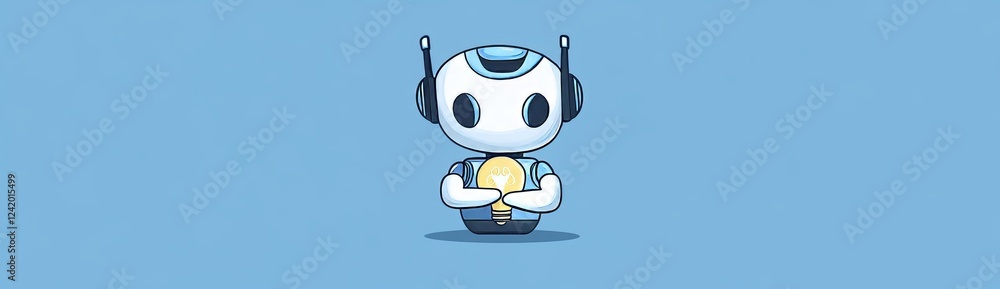 Poster a horizontally designed banner depicting a cute robot holding a light bulb as a chat bot, set on a c