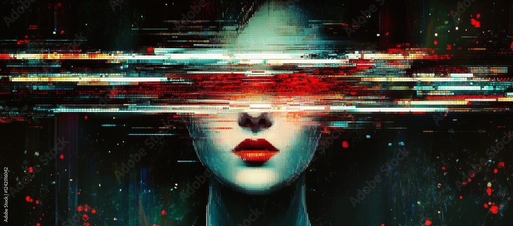 Poster an android head rendered using pixels and particles, highlighting stock components, neural network c