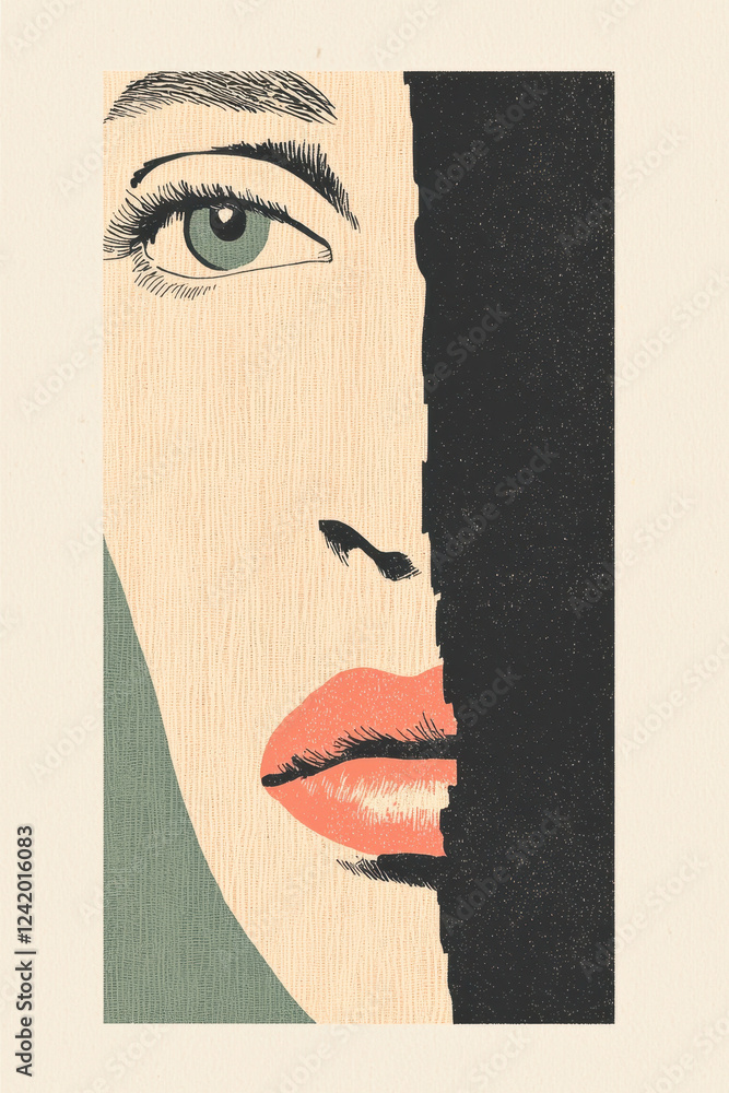 Poster captivating minimalist portrait with bold colors and abstract style exploring expression and mystery