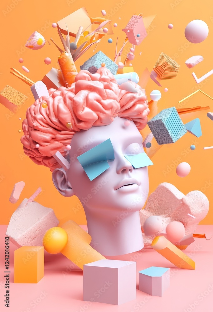 Poster a beautiful abstract head with a surreal geometric design, using modern color palette and placed in 