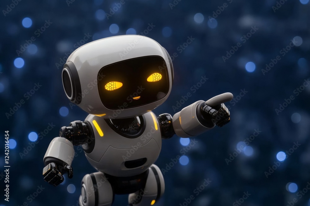 Poster a happy and solitary cute robot. a friendly robot waving and smiling, presented in 3d rendering. sui