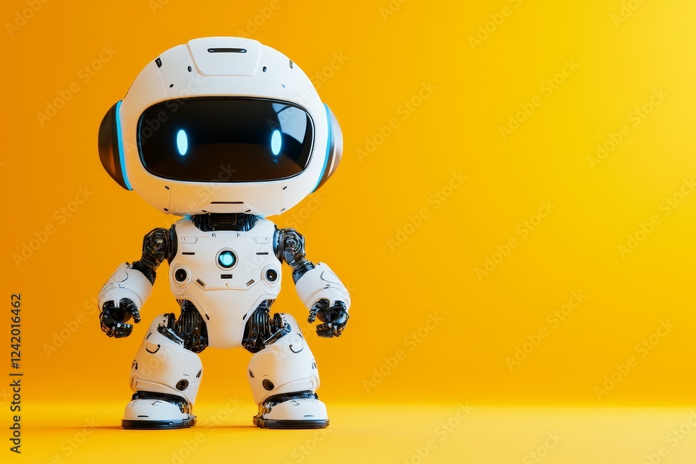 Poster a lovable and cute robot pointing at space, a friendly and bright-eyed robot indicating the path. th