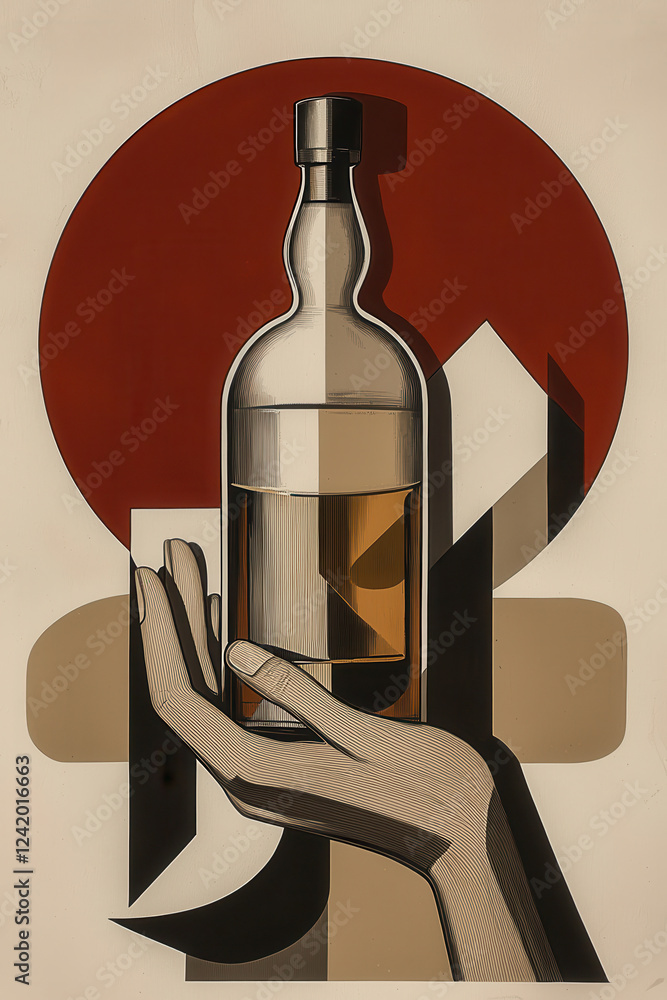 Poster abstract modern art featuring a bottle and hand in a unique geometric style with bold design element