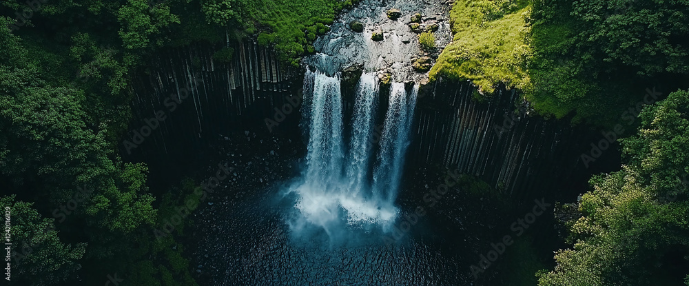 Poster aerial view of a stunning waterfall surrounded by lush green forest and basalt rock formations, high