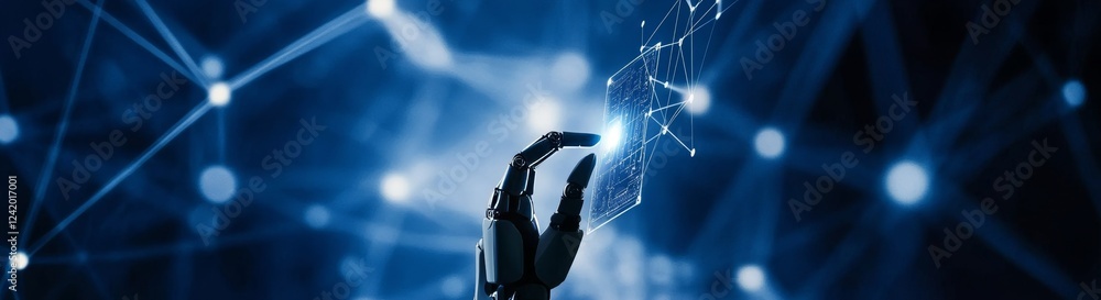 Poster machine learning and ai innovations exemplified by a robotic hand connected to a big data network, s