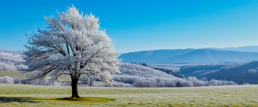 A solitary tree covered in frost stands in a green field during wintertime with distant snow-laden hills under a clear blue sky