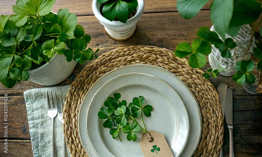 Poster A rustic table setting with clovers on a white plate.