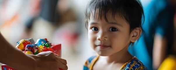 Little indigenous Latin girl receiving candy. Children's day concept. © Aragon