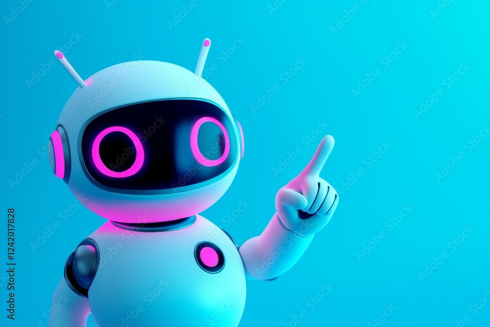 Poster a lovable and quaint robot directing its gaze towards space. copy the space
