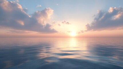 A serene ocean view at sunrise, reflecting soft colors on calm waters.