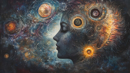 Ethereal cosmic portrait of a woman s face eroded by space, revealing internal layers of celestial bodies, glowing suns, and swirling galaxies. Celestial Bodies as Characters. Illustration