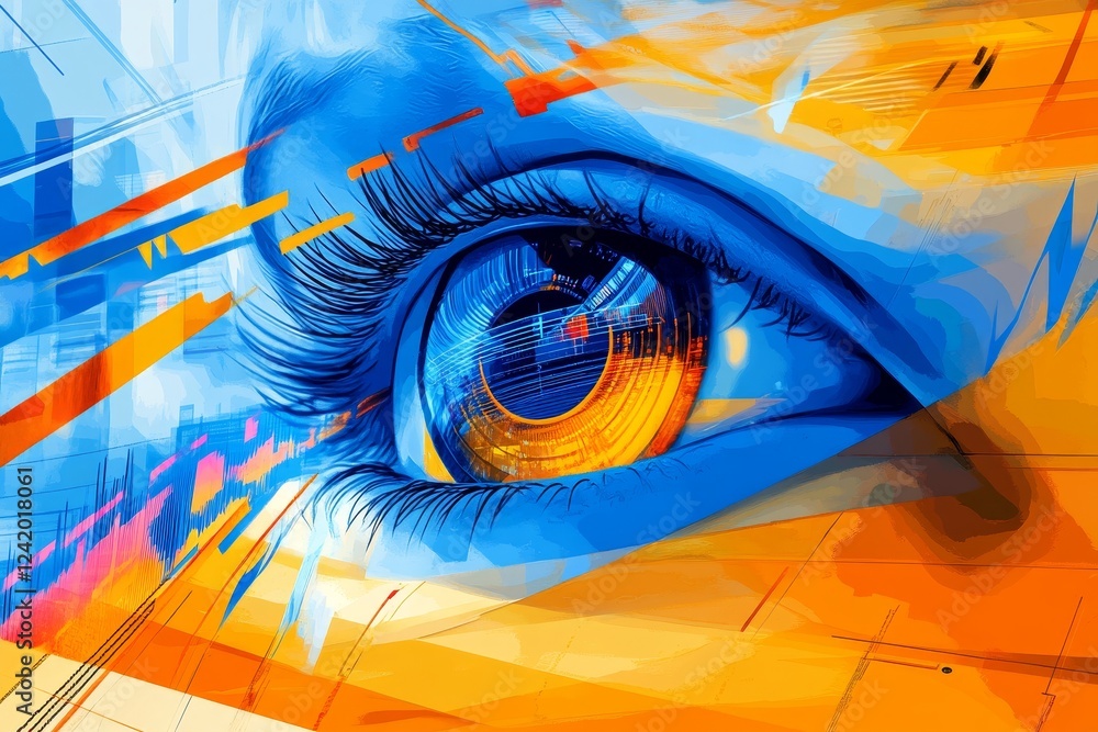 Aufkleber observing in a shadowy tech landscape, a hacker or ai robot equipped with cyborg vision stands out a