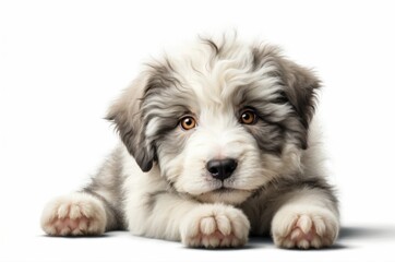 Cute adorable domestic curious pet dog animal puppy with its paws peeking over a white surface, photorealistic illustration on isolated background texture design.
