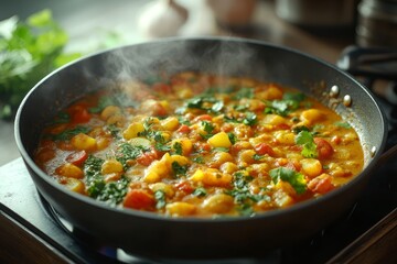 Steaming vegetable curry cooking on stove