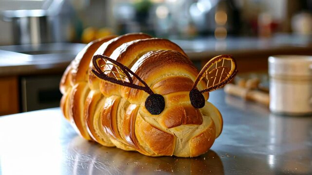 Unique bread loaf resembling an bee resting on a wooden table, Ai Generated