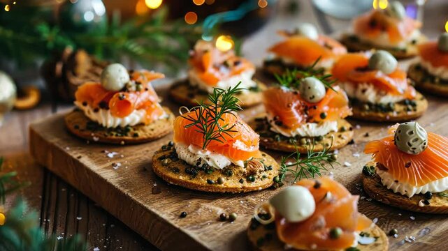 Festive canap&eacute;s biscuits adorned with creamy sauce and plant-based smoked salmon, a delightful treat, Ai Generated.