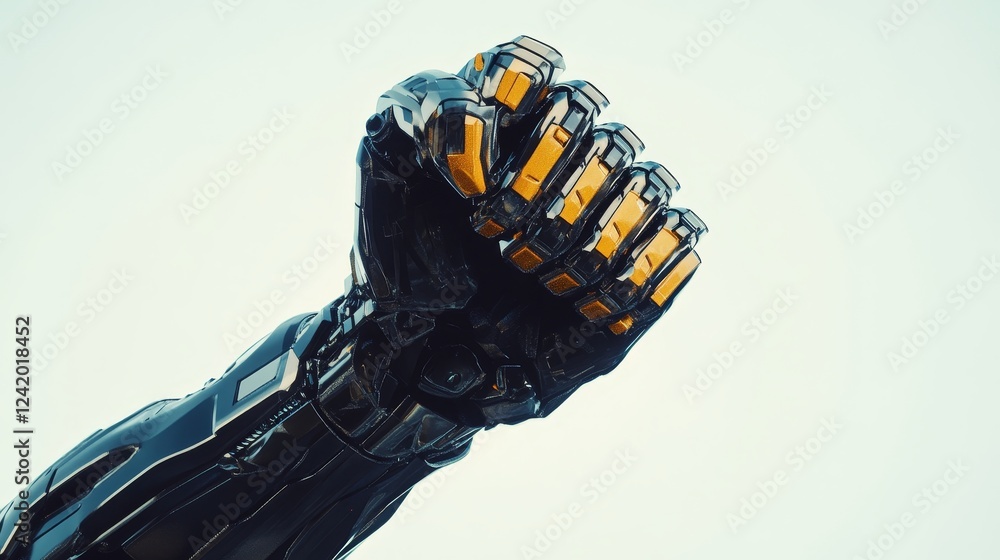 Poster clenched fist of a robot, isolated in a transparent setting.