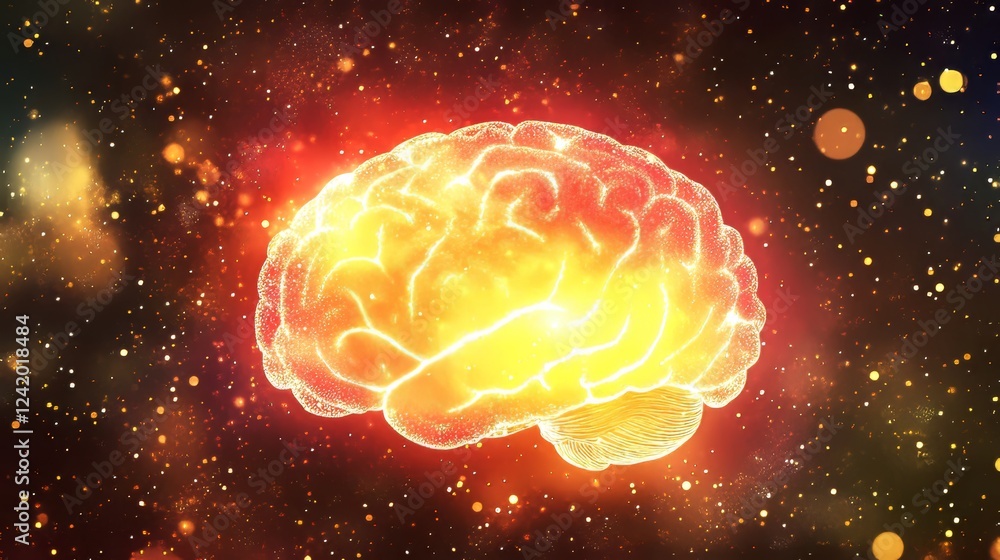 Poster a human brain hovers over an electronic circuit board, its glow emanating from the data coursing thr