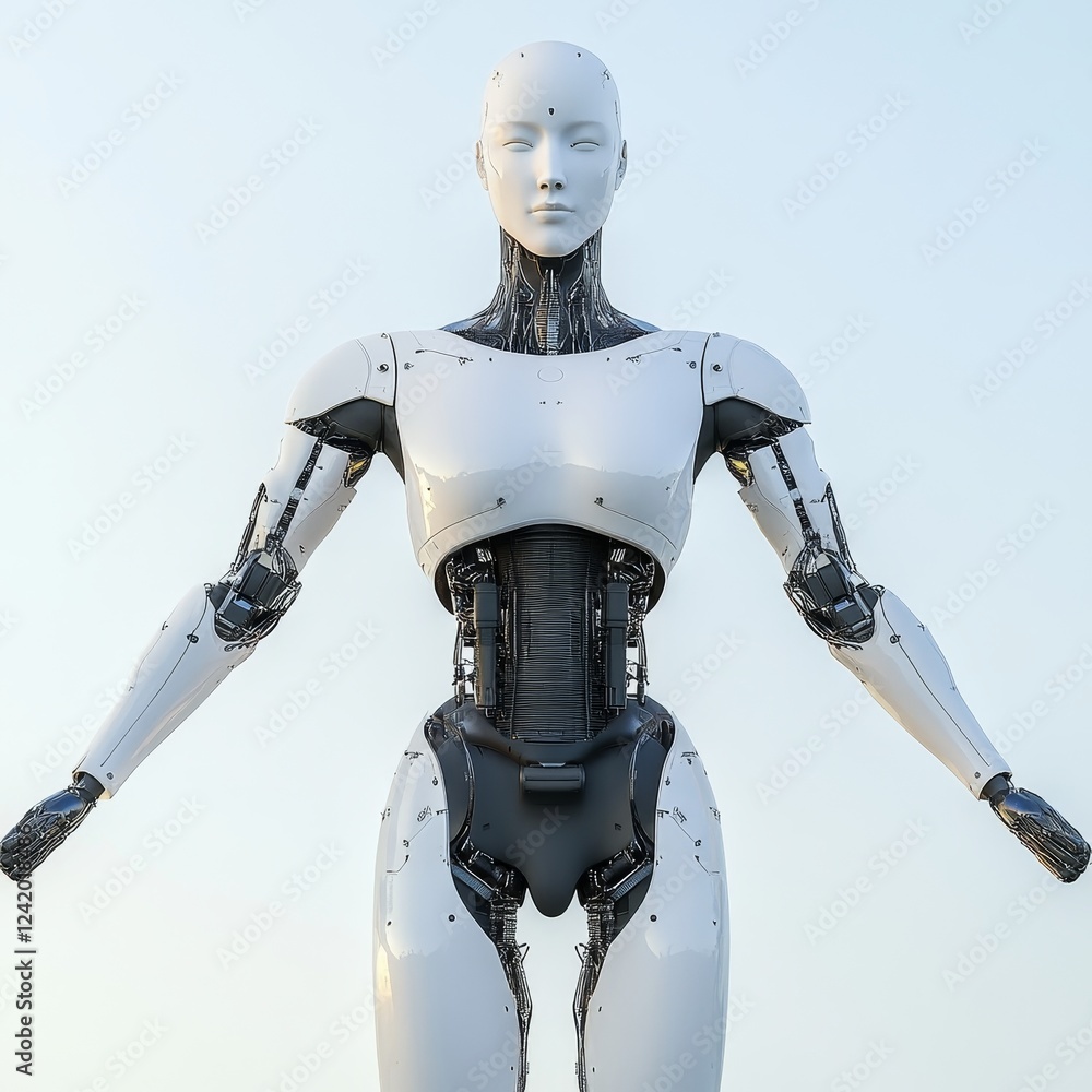 Poster a futuristic humanoid robot featuring a sophisticated design, standing as an abstract embodiment of 