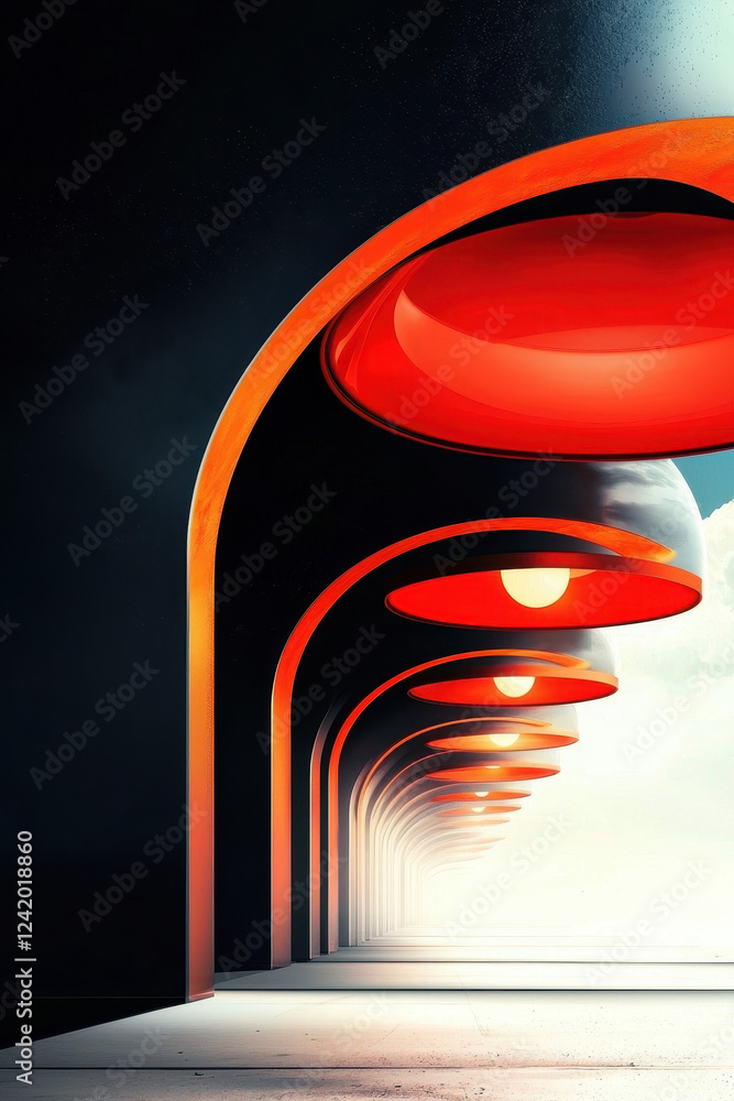 Poster futuristic architectural perspective with red arched structures and dynamic lighting in a modern con