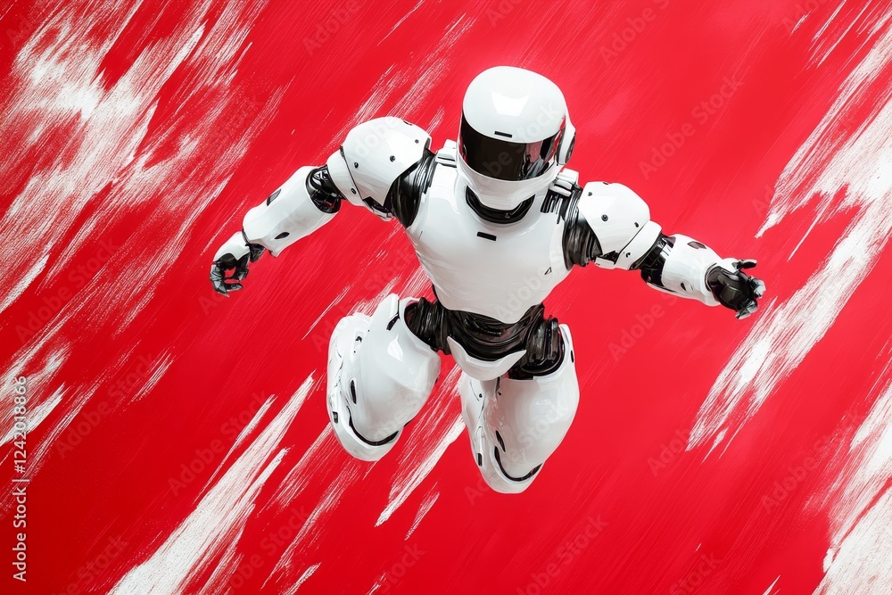 Poster a minimalist rendering of a white exoskeleton running against a backdrop of abstract white and orang