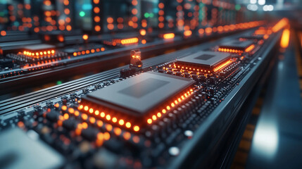 A modern manufacturing plant for microchips and semiconductors with advanced machinery. The blurred background emphasizes the clean, organized space for production, offering a blank canvas for caption