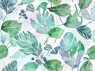 Serene Watercolor Botanical Print: A Teal and Green Leaf Symphony