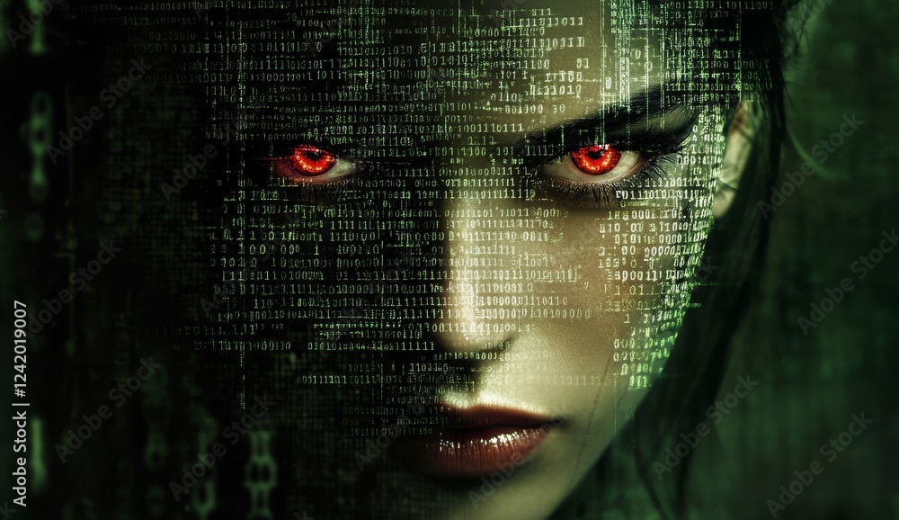 Poster a close-up shot of a genderless ai face with red glowing eyes amidst binary code, symbolizing a cybe