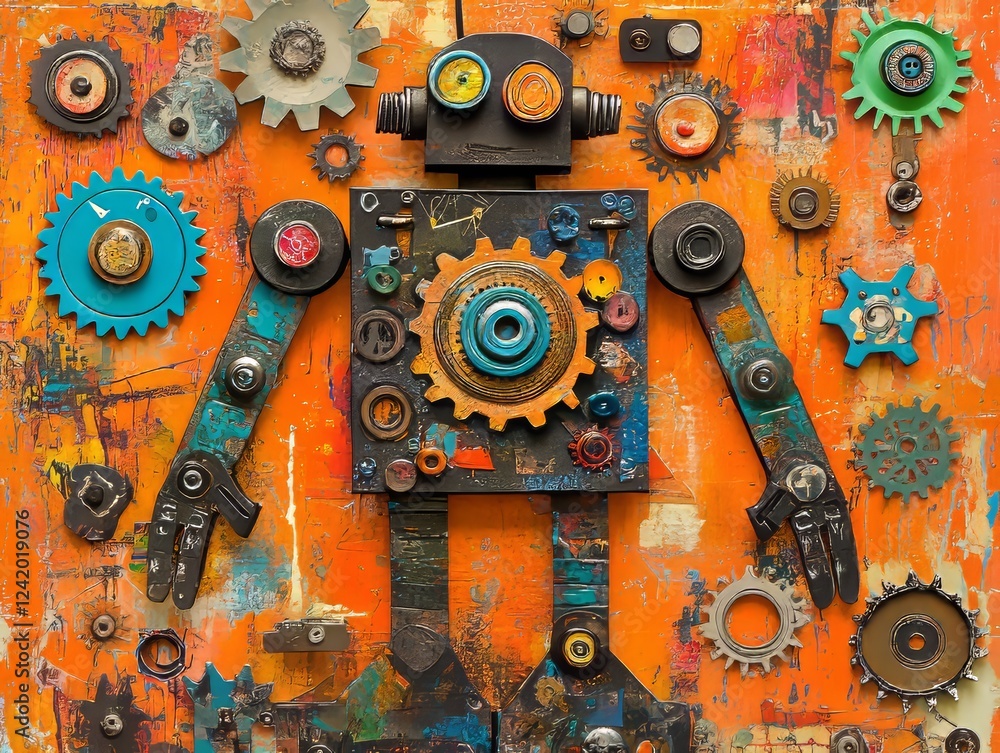 Poster a vibrant portrayal of a robot assembled from different mechanical elements on an orange background.
